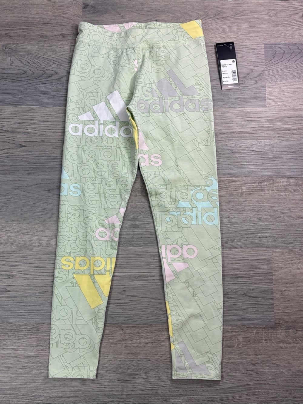 Adidas Girls Light Green Logo Print Leggings‎ - size M 10/12 NWT